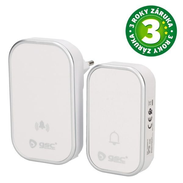 Domovní bezdrátový zvonek Plumtre 1 bezbateriové tlačítko a 1 přijímač bílý 3 roky záruka